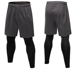 Detail view of double-layer men's sports leggings with elastic waist and quick-dry fabric