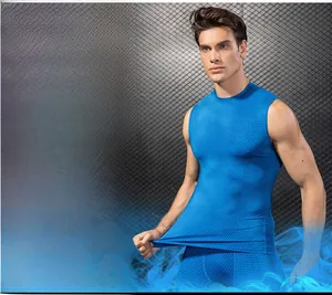 Detail of blue compression tank top showing honeycomb texture for quick-dry performance