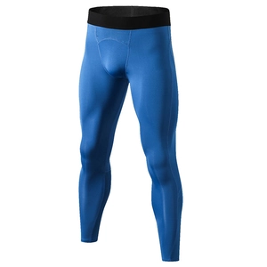 Men's royal blue compression leggings with black waistband for running and fitness training