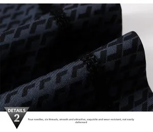 Close-up of four-needle six-thread stitching and geometric pattern on men's sports pants