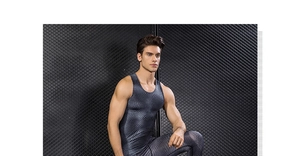 Men's 3D pro gym compression vest with matching pants showing dark grey honeycomb texture
