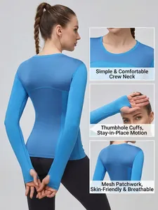 Women's blue quick-dry sports long sleeve shirt with mesh splicing and thumbholes