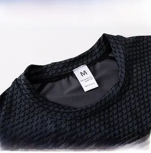 Close-up of the round neckline and fabric texture with an 85% polyester care label