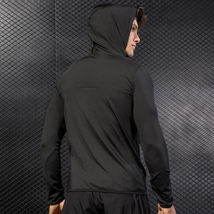 Men's black windproof running hoodie with slim fit design and quick-dry fabric