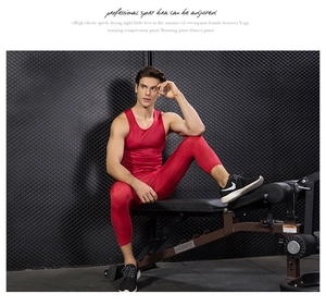 Men's red 3D compression tank top and leggings set for professional gym fitness