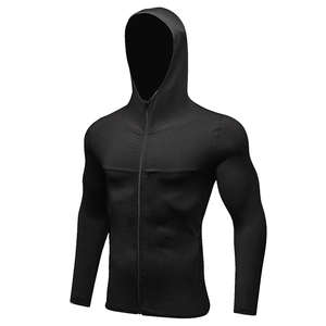 Men's black quick-dry hooded sports jacket with compression fit and full zipper