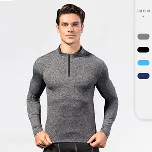 Men Sports Half Zipper Sweatshirt Polyester Quick Dry High Elastic Stand Collar Long Sleeve Fitness Running Workout Top