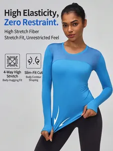 Women's PRO sky blue long sleeve sports t-shirt with slim fit mesh and quick-dry fabric