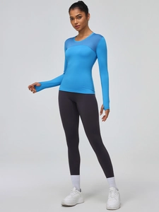 Women's quick-dry long sleeve sports T-shirt with breathable mesh and thumbholes