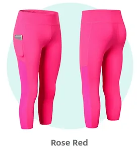 Détail du pantalon de yoga capri rose rouge à taille haute avec poches latérales