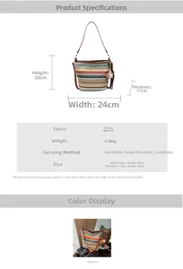 Detailed dimension chart and size specs for the striped woven straw bucket tote bag