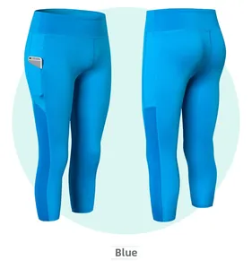 Détail du legging de yoga bleu à taille haute avec poches et empiècements mesh