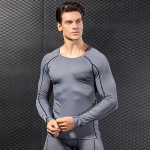 Men's grey PRO compression long sleeve sport t-shirt and pants set for gym training