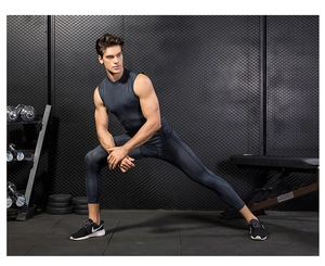 Detail of men's gym compression set with breathable mesh and high-elastic fabric texture