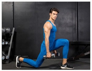Detail of blue men's compression set with breathable honeycomb texture for gym fitness