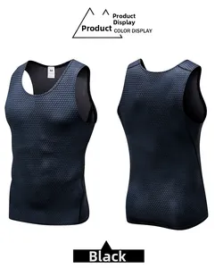 Detail of 3D compression tank top showing textured black elastic fabric for men