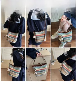 Collage of colorful striped straw tote bag with leather strap shown by a model