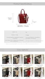 Dettaglio mini borsa a tracolla in PU 15x20x5cm con specifiche di misura e ciondolo