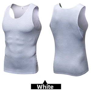 Detailed front and back view of men's white compression vest with mesh texture and size M label