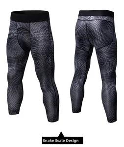 Detailed view of men's compression pants with grey snake skin pattern and elastic waistband