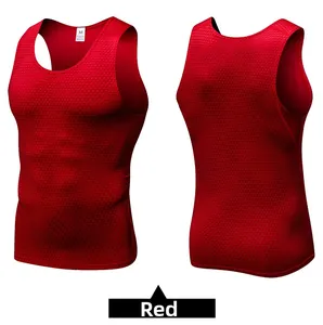Detailed macro view of red men's compression vest featuring honeycomb textured 3D fabric