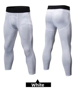 Detailed front and back view of white men's compression pants with grey geometric pattern