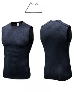 Detailed view of men's navy blue honeycomb knit compression vest with 3D texture