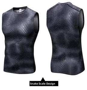 Detailed view of men's quick-dry compression vest with dark grey snake scale texture