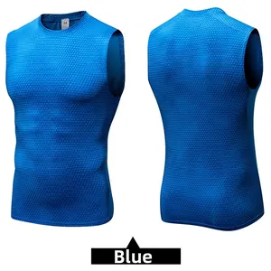 Detail of blue men's compression vest showing breathable mesh fabric and size M label