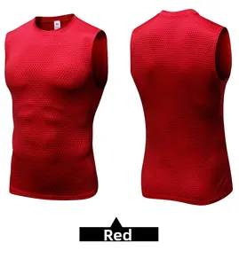 Detail of red men's compression vest showing 3D honeycomb mesh fabric and breathable texture