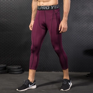 Men's compression workout leggings in burgundy with elastic waistband for gym training