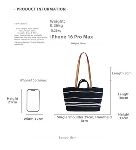 Size chart for striped canvas tote bag showing dimensions and iPhone 16 Pro Max comparison