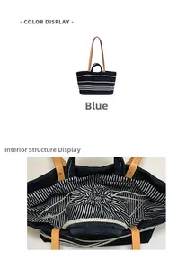 Detail view of large striped canvas tote bag with drawstring lining and leather handles