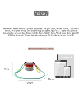 Size guide for mini mesh crossbody bags showing dimensions of lipstick and earphone cases