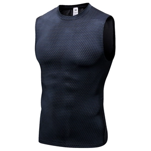 Men's 3D print compression tank top in navy blue with geometric pattern for pro fitness