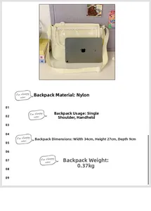 Detail view of cream white nylon messenger bag showing its large capacity for iPad storage