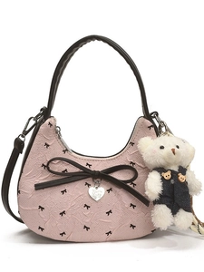 Rosa Ballet-Handtasche mit schwarzen Schleifen-Stickereien und weißem Bären-Anhänger