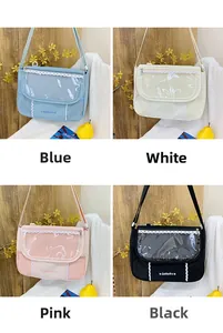 Detail view of large capacity canvas ita bags with transparent PVC windows in four colors