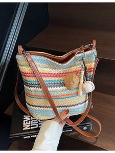 Women Colorful Striped Straw Woven Bucket Bag Casual Bohemian Summer Beach Vacation Crossbody Bag With Sporty Baseball Pendant