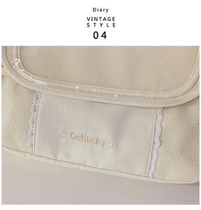 Detail of cream canvas bag featuring mesh design with Getlucky embroidery and lace trim