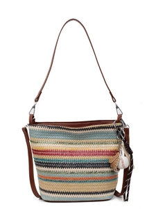Colorful striped woven straw bucket bag with brown leather straps and sports charms