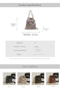 Diagram showing the large capacity canvas bucket bag dimensions and features in gray color