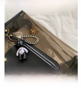 Détail du sac cabas en PVC transparent avec bordure en cuir noir et breloque ourson