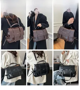 Detail shots showing retro faux leather messenger bag in black and brown colors