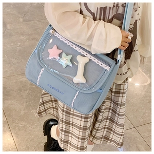 Detail of light blue crossbody bag with clear PVC window and cute plush charms for women