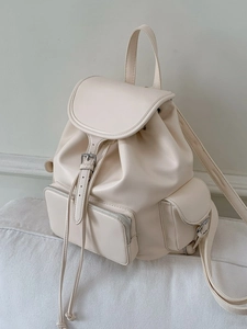 Minimalist creamy white large capacity faux leather backpack for women in Korean style