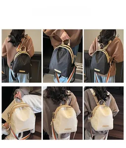 Detail shots of trendy nylon backpack featuring vibrant rainbow shoulder straps