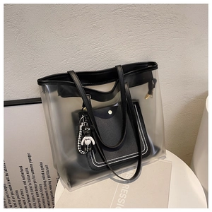 Détail du sac cabas transparent en PVC avec pochette en cuir et breloque ours
