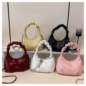 Chic ruched crescent bags in five colors with metallic chains and fashion logo print
