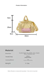 Tableau des tailles du sac cabas en nylon : largeur 33cm, hauteur 25cm, épaisseur 9cm